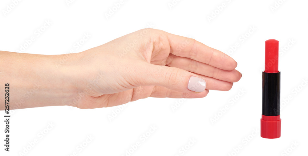Hand with red balm lipstick, lips care and beauty Hand with red balm lipstick, lips care and beauty