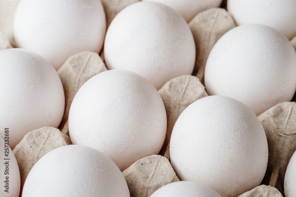 Many white chicken eggs food in tray box Many white chicken eggs food in tray box