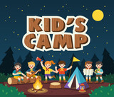 Children camping out in the park. Camping kids concept. Summer camp education advertising. vector illustration.