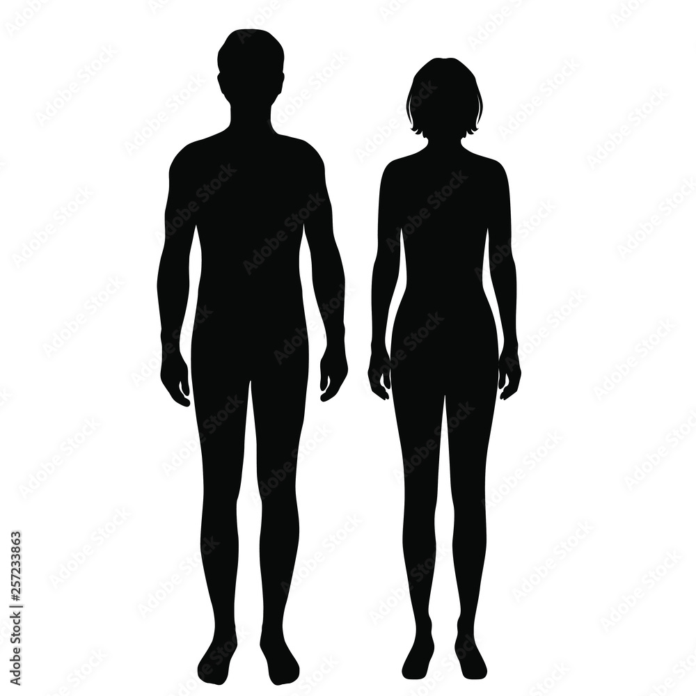 Vector silhouettes shapes woman and man , standing, black color, isolated on white background Vector silhouettes shapes woman and man , standing, black color, isolated on white background