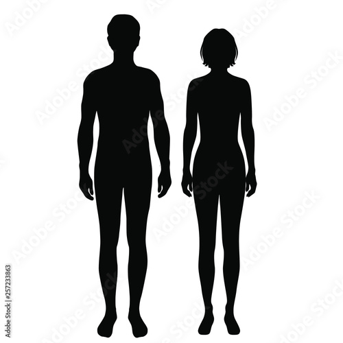 Vector silhouettes shapes woman and man , standing, black color, isolated on white background