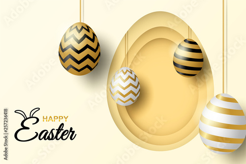 Happy easter celebration. golden,white easter egg on soft background ,light and shadow . Vector.
