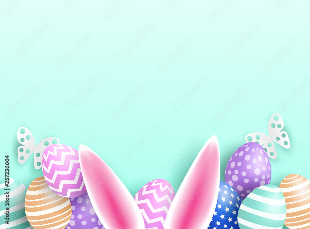 Happy easter celebration. Colorful easter egg on mint green soft background ,light and shadow . Vector.