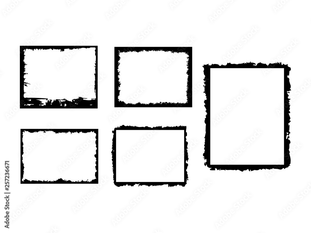Set of black square grunge frames. Collection of geometric empty boundaries. Set of black square grunge frames. Collection of geometric empty boundaries.
