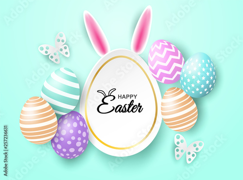Happy easter celebration. Colorful easter egg on mint green soft background ,light and shadow . Vector.