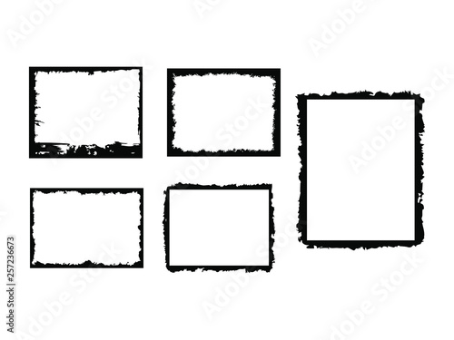 Set of black square grunge frames. Collection of geometric empty boundaries. Vector illustration.