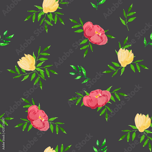 watercolor seamless pattern with yellow and pink flowers. green leaves on gray background. great for textile design, invitations, cards