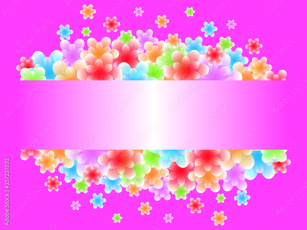 Abstract flowers are flying out of the frame.Place for text.Bright pink background Abstract flowers are flying out of the frame.Place for text.Bright pink background