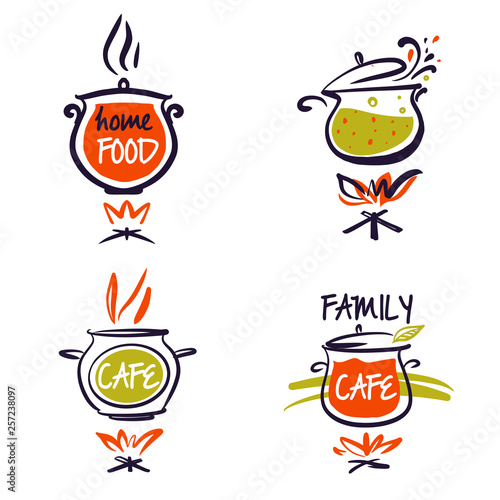 Family cafe logo set. Template design  insignia, label, sign for food regional family business.  Sketch vector illustration silhouette pot on fire