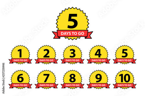 Number 1, 2, 3, 4, 5, 6, 7, 8, 9, 10, of days left to go. Collection badges sale, landing page, banner.