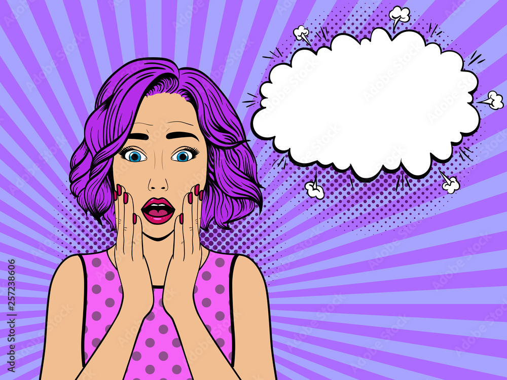Surprised woman with speech bubble.Comic woman. Wow face female. Pop Art vintage vector illustration