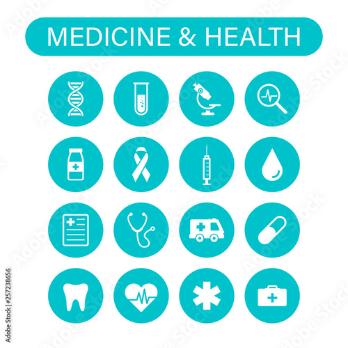 Set of 16 Medical and Health web icons in line style. Medicine and Health Care, RX, infographic. Vector illustration.