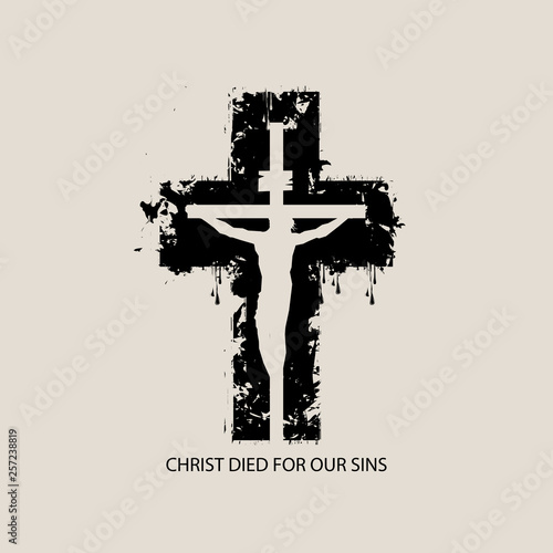 Vector illustration on religious theme with crucified Jesus Christ on the background of abstract black cross with the words Christ died for our sins.