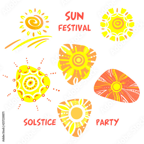 Summer solstice.  Concept logo, sign, badge with abstract summer sun. Template design for greeting gift card, banner, invitation, poster, flyer for solstice party