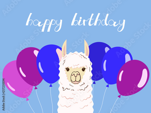 Cute llama, alpaca for poster, greeting, birthday card and party decor. Vector illustration