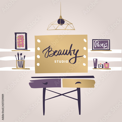 Vanity table with cosmetic mirror on wall. Female boudoir for makeup. Concept banner, poster, flyer for beauty boutique, fashion style studio, eco cosmetic shop. Makeup table. Vector illustration