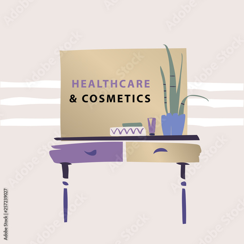 Vanity table with cosmetic mirror on wall. Female boudoir for makeup. Concept banner, poster, flyer for beauty boutique, fashion style studio, eco cosmetic shop. Makeup table. Vector illustration