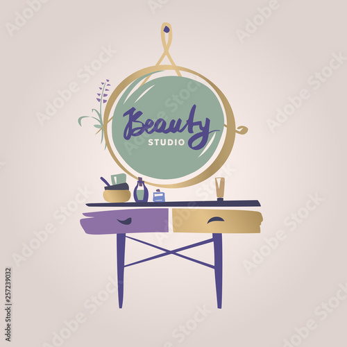 Vanity table with cosmetic mirror on wall. Female boudoir for makeup. Concept banner, poster, flyer for beauty boutique, fashion style studio, eco cosmetic shop. Makeup table. Vector illustration