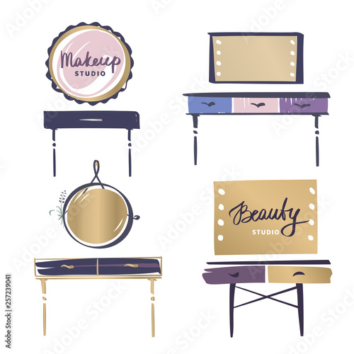 Vanity table with cosmetic mirror on wall. Female boudoir for makeup.  Set of makeup table for beauty boutique, fashion style studio, eco cosmetic shop banner, poster. Vector illustration