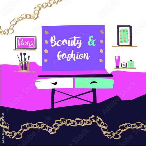 Vanity table with cosmetic mirror on wall. Female boudoir for makeup. Concept banner, poster for beauty boutique, fashion style studio, eco cosmetic shop, beauty blog. Makeup table with gold chain