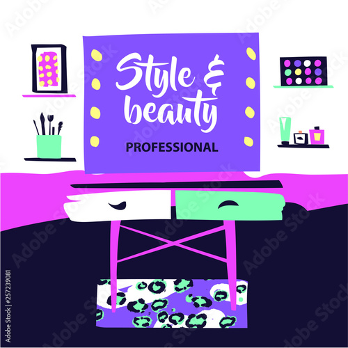 Vanity table with cosmetic mirror on wall. Female boudoir for makeup. Concept banner, poster, flyer for beauty boutique, fashion style studio, eco cosmetic shop. Style beauty blog