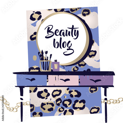 Vanity table with cosmetic mirror on wall. Female boudoir for makeup. Concept banner, poster, flyer for beauty boutique, fashion style studio, eco cosmetic shop. Style beauty blog. Leopard pattern