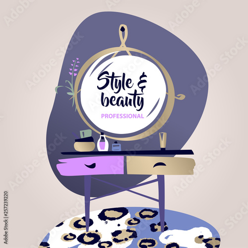 Vanity table with cosmetic mirror on wall. Female boudoir for makeup. Concept banner, poster, flyer for beauty boutique, fashion style studio, eco cosmetic shop. Style beauty makeup table