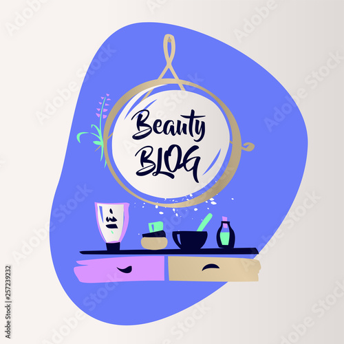 Vanity table with cosmetic mirror on wall. Female boudoir for makeup. Concept banner, poster, flyer for beauty boutique, fashion style studio, eco cosmetic shop. Makeup table