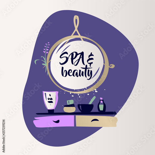Spa and beauty. Vanity table with cosmetic mirror on wall. Female boudoir for makeup. Concept banner, poster, flyer for beauty boutique, fashion style studio, eco cosmetic shop. Makeup table