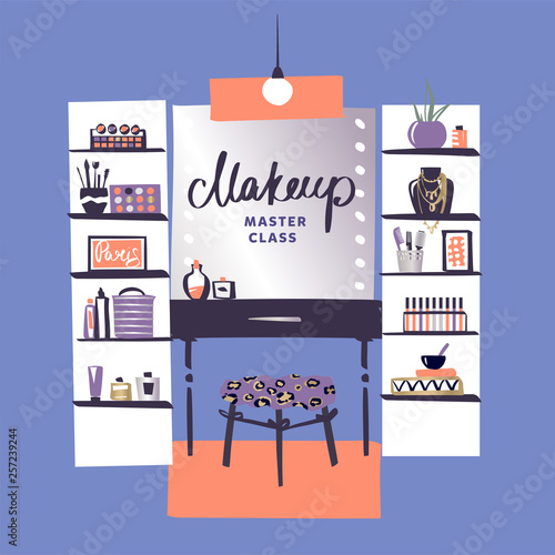 Vanity table with cosmetic mirror on wall. Female boudoir for makeup. Concept banner, poster, flyer for beauty boutique, fashion style studio, eco cosmetic shop, education master class. Makeup table