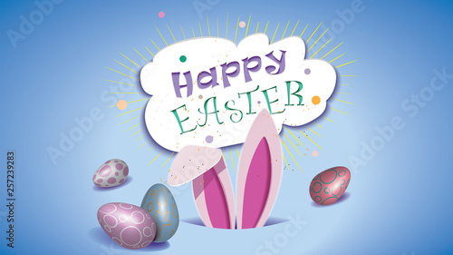 Happy Easter vintage card with text,Easter bunny in the hole,eggs and confetti isolated on a blue background