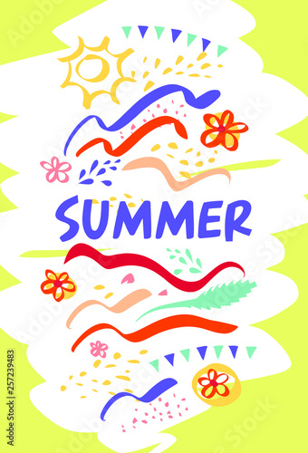 Best summer abstract template poster  banner  flyer. Kid cartoon art Summer. Image colorful freehand drawn wave and flower design for card  invitation. Vector illustration