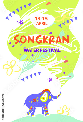 Template design for Songkran banner  poster  flyer advertising party traditional thai new year day. Thailand festival happy songkran. Cartoon image elephant. Vector illustration