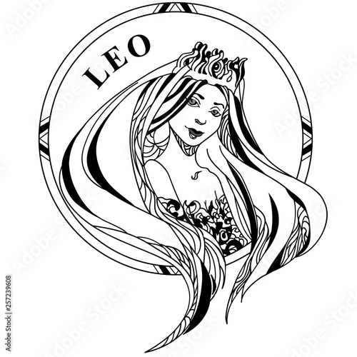 Vector illustration of sign zodiac Leo. Beautiful girl with long hair and crown in round frame. Line art. Design for tattoo.