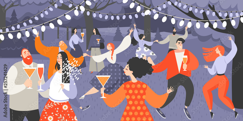 Retro garden party with people dancing and drinking wine. Cartoon characters having fun in the park at night. - obrazy, fototapety, plakaty 
