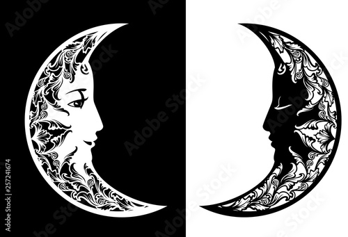 crescent moon with human face - good night time smiling and sleeping profile vector design set