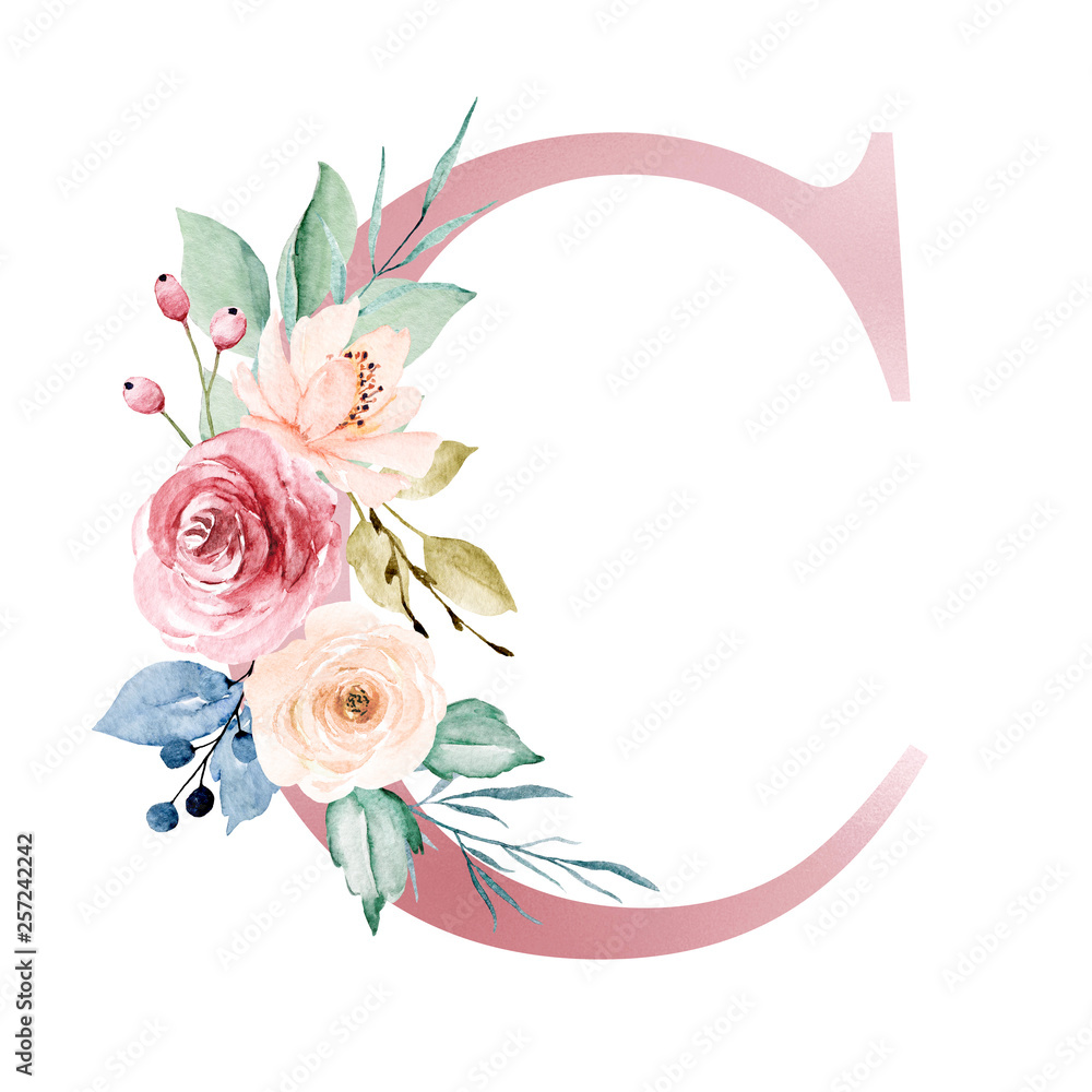 Floral alphabet, letter C with watercolor flowers and leaf. Monogram