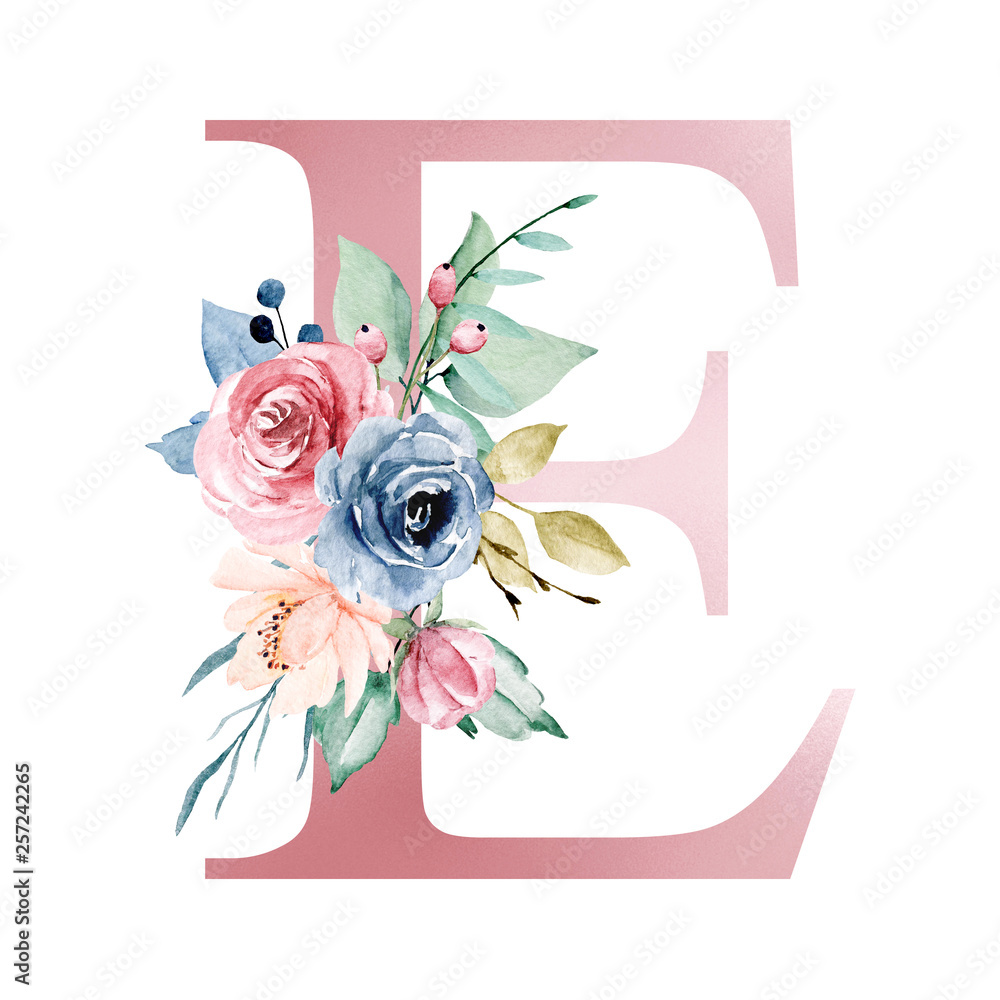 Floral alphabet, letter E with watercolor flowers and leaf. Monogram