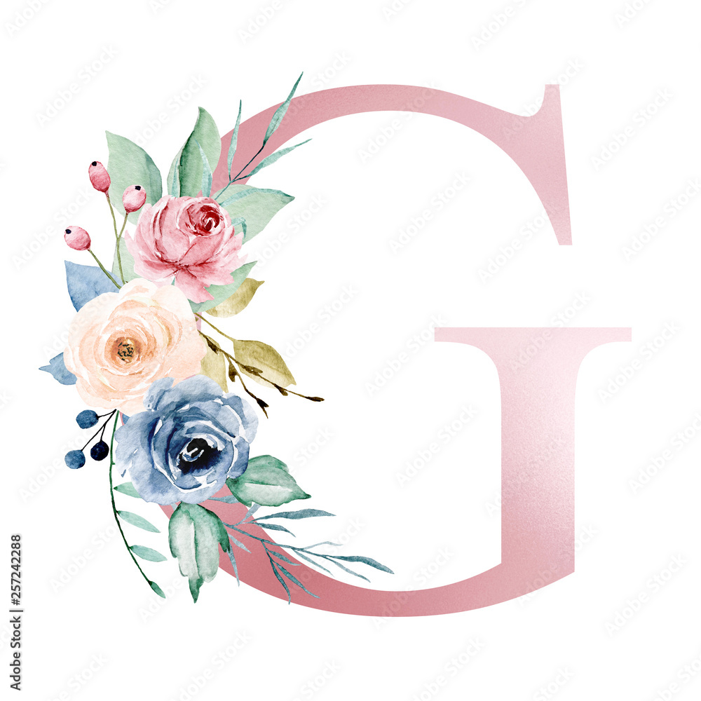 Floral alphabet, letter G with watercolor flowers and leaf. Monogram ...