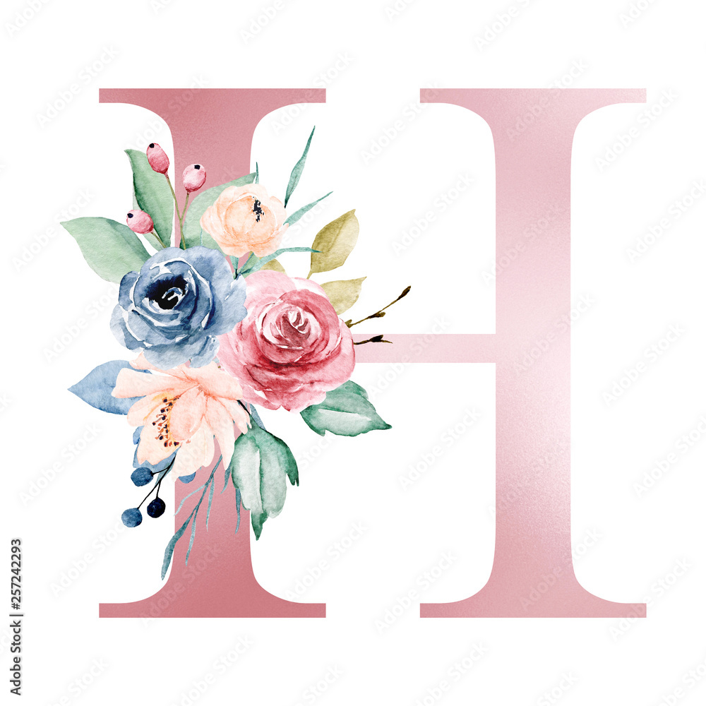 Floral alphabet, letter H with watercolor flowers and leaf ...