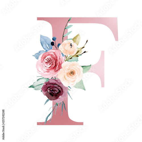Floral alphabet, letter F with watercolor flowers and leaf. Monogram