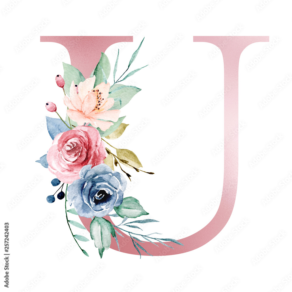 Floral alphabet, letter U with watercolor flowers and leaf. Monogram  initials perfectly for wedding invitations, greeting card, logo, poster and  other design. Hand painting. Stock Illustration