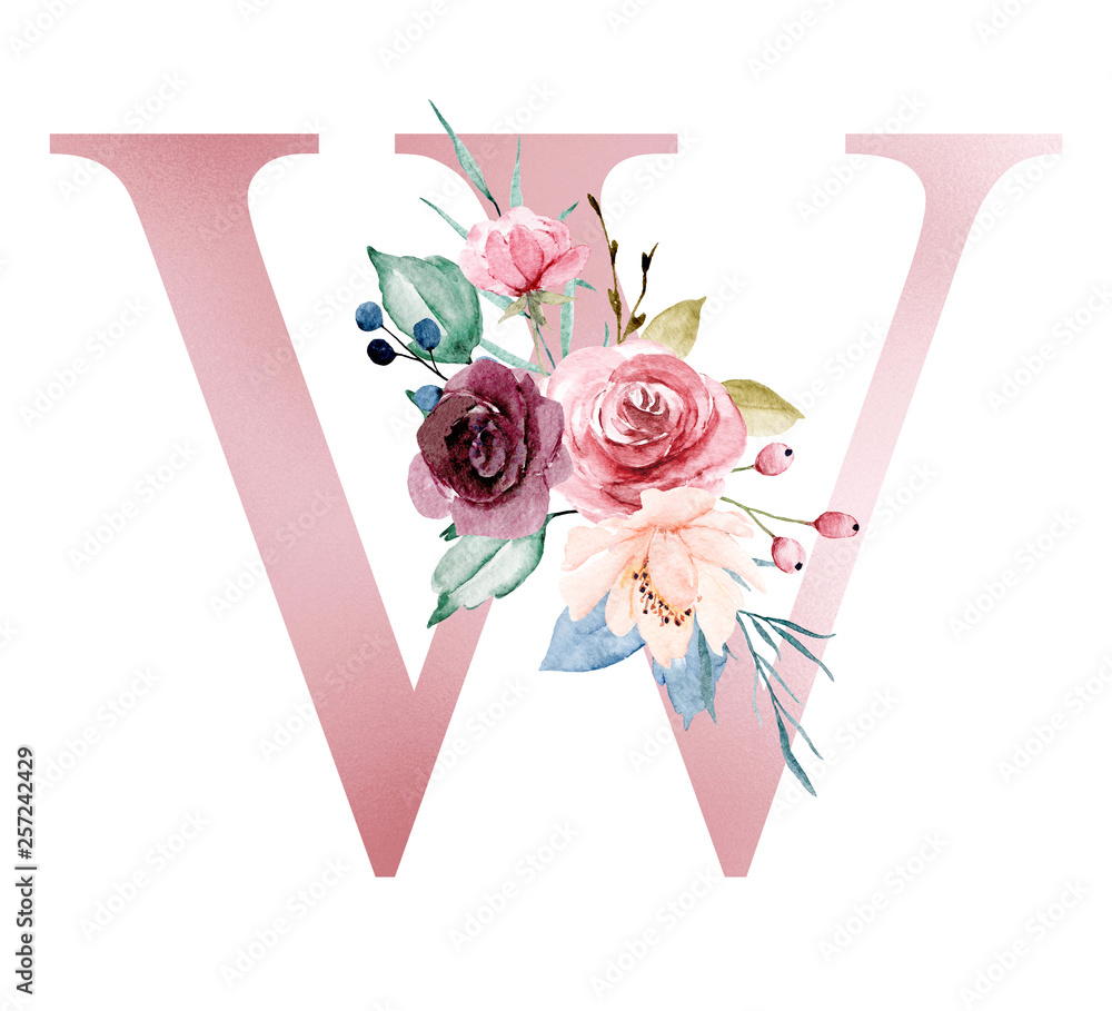  Monogram Letter W With Powder White Rose Floral Retro