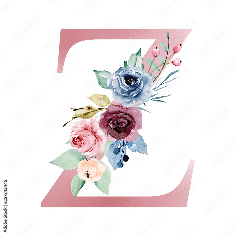 Letter Z Botanical Flowers . Initial Wedding Monogram Font Logo
