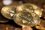 A few gold coins Bitcoin cryptocurrency lies on the mountain of other coins