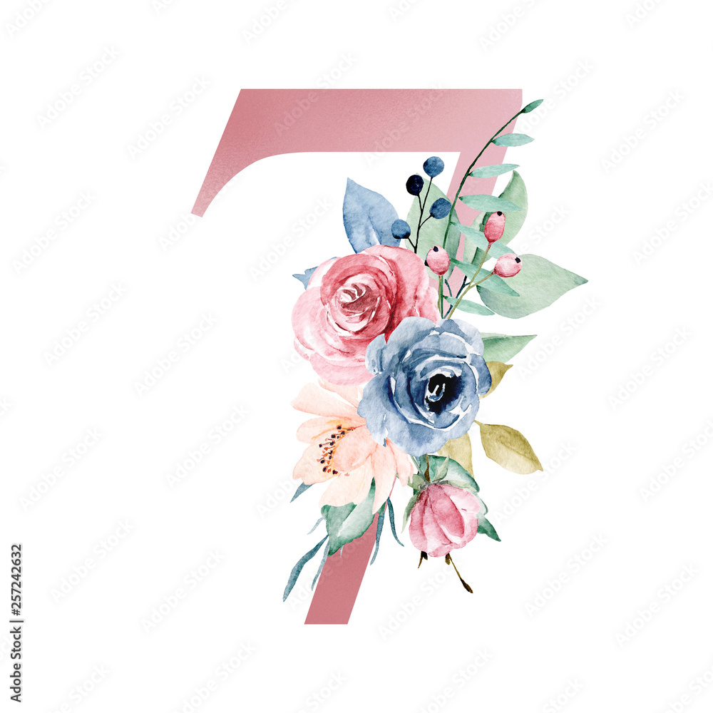 Number Seven With Watercolor Flowers Roses And Leaf Perfectly For number-seven-with-watercolor-flowers-roses-and-leaf-perfectly-for