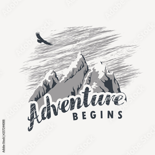 Vector travel banner in retro style with snow covered mountains, flying eagle and inscription Adventure begins