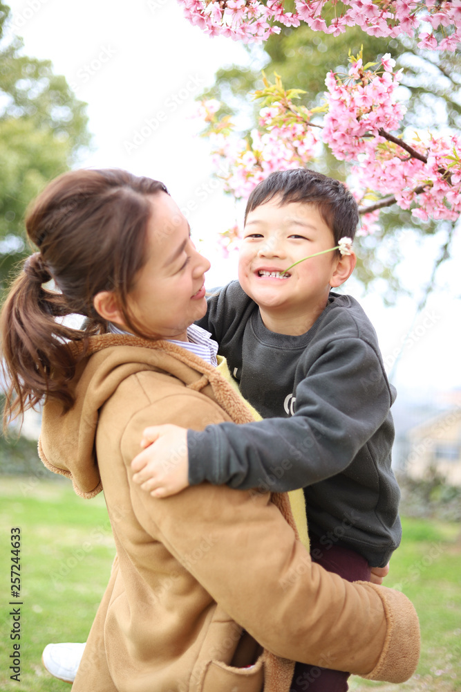 Fototapeta premium 笑顔の30代母親と1人の子供の家族と春の満開の桜の背景