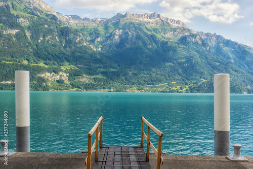 Wooden gangway at the marina in Oberried am Brienzersee, Switzerland photo