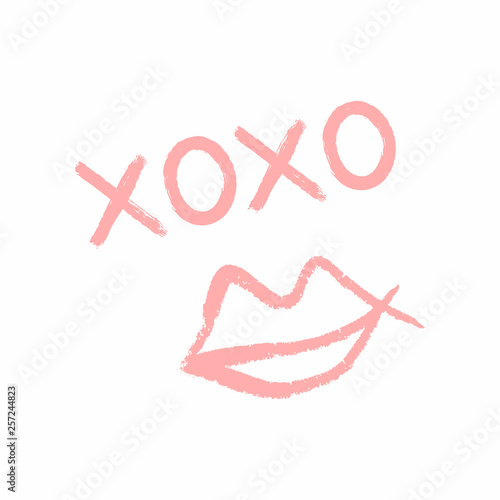 Handwritten text Xoxo and outlines of female lips drawn by hand with rough brush. Grunge, sketch, watercolor.